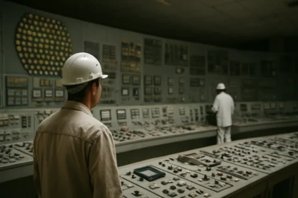 Pracovníci pri ovládacom panele jadrovej elektrárne Černobyl