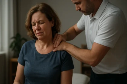 Žena zažíva nepohodlie počas terapie s odborníkom, ktorý sa snaží pomôcť.