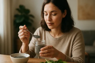 Žena vyberá chia semienka z sklenenej nádoby so zdravou stravou.