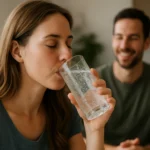 Žena pije sýtenú vodu pre hydratáciu a zdravie