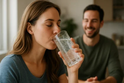 Žena pije sýtenú vodu pre hydratáciu a zdravie