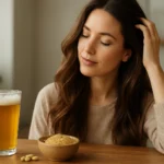 Žena so zdravými vlasmi a pivovarskými kvasnicami na stole