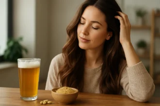 Žena so zdravými vlasmi a pivovarskými kvasnicami na stole