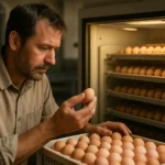 Muž skúma vajce v liahni plnej vajec na úspešné liahnutie.