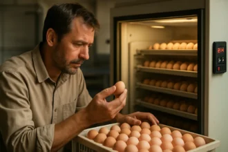 Muž skúma vajce v liahni plnej vajec na úspešné liahnutie.