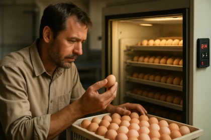 Muž skúma vajce v liahni plnej vajec na úspešné liahnutie.