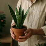 Osoba drží kvetinu diablovho jazyka v kvetináči