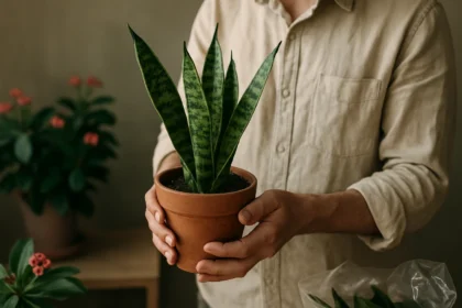 Osoba drží kvetinu diablovho jazyka v kvetináči