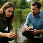 Dvojica vedcov skúma vodné rastliny vo vodnom ekosystéme.