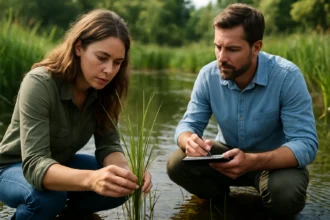 Dvojica vedcov skúma vodné rastliny vo vodnom ekosystéme.