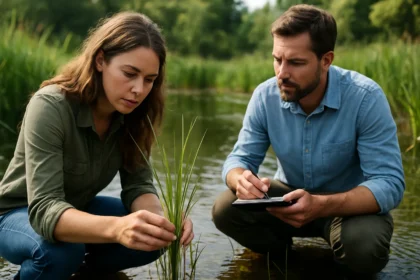 Dvojica vedcov skúma vodné rastliny vo vodnom ekosystéme.
