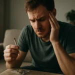 Muž prežívajúci stres pri pohľade na marihuanu