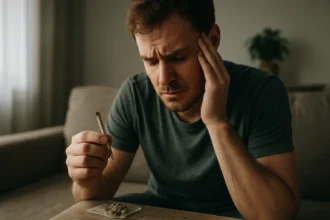 Muž prežívajúci stres pri pohľade na marihuanu