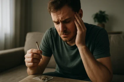 Muž prežívajúci stres pri pohľade na marihuanu