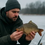 Rybár skúma kapra na zimnej vode po studenom fronte.