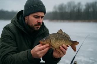Rybár skúma kapra na zimnej vode po studenom fronte.