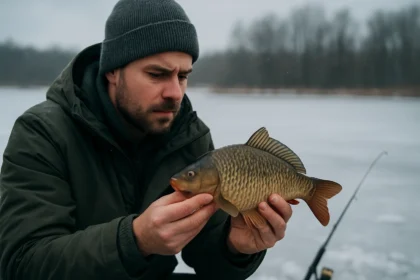Rybár skúma kapra na zimnej vode po studenom fronte.