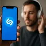 Muž počúvajúci hudbu so smartfónom a aplikáciou Shazam