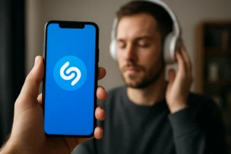 Muž počúvajúci hudbu so smartfónom a aplikáciou Shazam