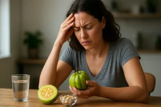 Žena premýšľa o Garcinia Cambogia a jej účinkoch na chudnutie.