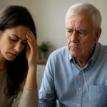 Žena s úzkosťou a starší muž s kyslíkovou terapiou