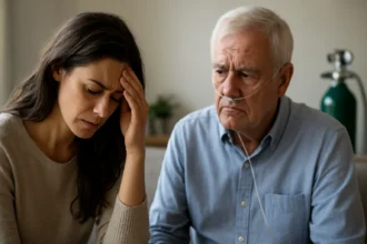 Žena s úzkosťou a starší muž s kyslíkovou terapiou