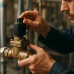 Technik nastavuje solenoidový ventil na reguláciu prietoku