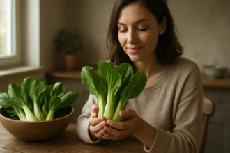 Žena drži pak choi, čerstvá zelenina bohatá na živiny.