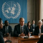 Sedenie členov OSN pri diskusii o medzinárodnej spolupráci.