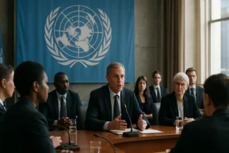 Sedenie členov OSN pri diskusii o medzinárodnej spolupráci.