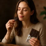 Žena si vychutnáva kúsok tmavej čokolády s úsmevom.