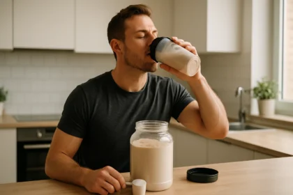 Muž pije srvátkový proteín po tréningu v modernej kuchyni.