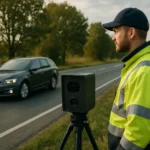 Človek monitoruje rýchlosť vozidla pomocou stacionárneho radaru.