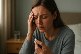 Žena s bolesťou hlavy a liekom v ruke