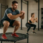 Muži a ženy cvičiaci na skákacom poli pre budovanie svalov