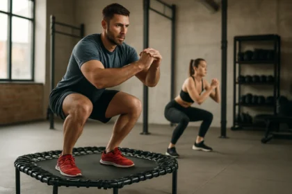 Muži a ženy cvičiaci na skákacom poli pre budovanie svalov