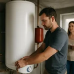 Muži obsluhujúci vrstvový zásobník teplej vody v domácnosti.