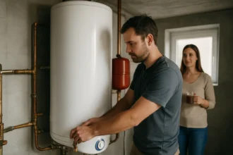 Muži obsluhujúci vrstvový zásobník teplej vody v domácnosti.