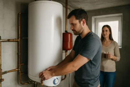 Muži obsluhujúci vrstvový zásobník teplej vody v domácnosti.