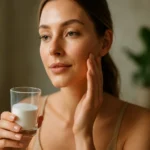 Žena s pohárom kolagénu a zdravou pleťou