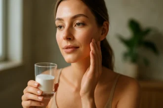 Žena s pohárom kolagénu a zdravou pleťou