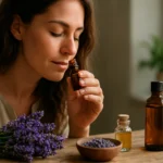 Žena privoniava levanduľový olej, obklopená levanduľou a aróma fľašami.