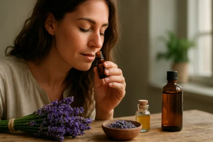 Žena privoniava levanduľový olej, obklopená levanduľou a aróma fľašami.
