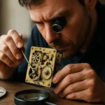 Muž opravuje mechanické hodiny s detailemi pohybu.