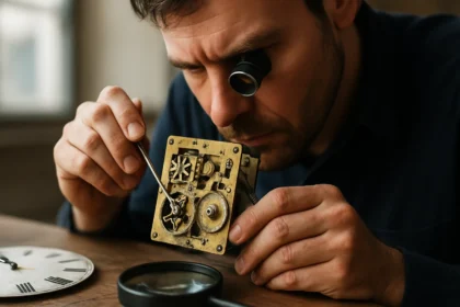 Muž opravuje mechanické hodiny s detailemi pohybu.