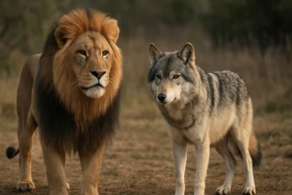 Lev a vlk na pozadí divokej prírody