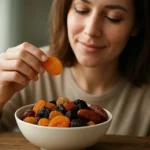 Žena si vychutnáva misku so sušeným ovocím plným vitamínov.