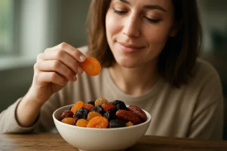 Žena si vychutnáva misku so sušeným ovocím plným vitamínov.
