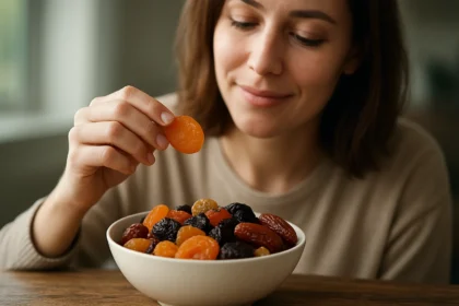 Žena si vychutnáva misku so sušeným ovocím plným vitamínov.