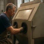 Pracovník pri pieskovacej kabíne, bezpečné a efektívne použitie